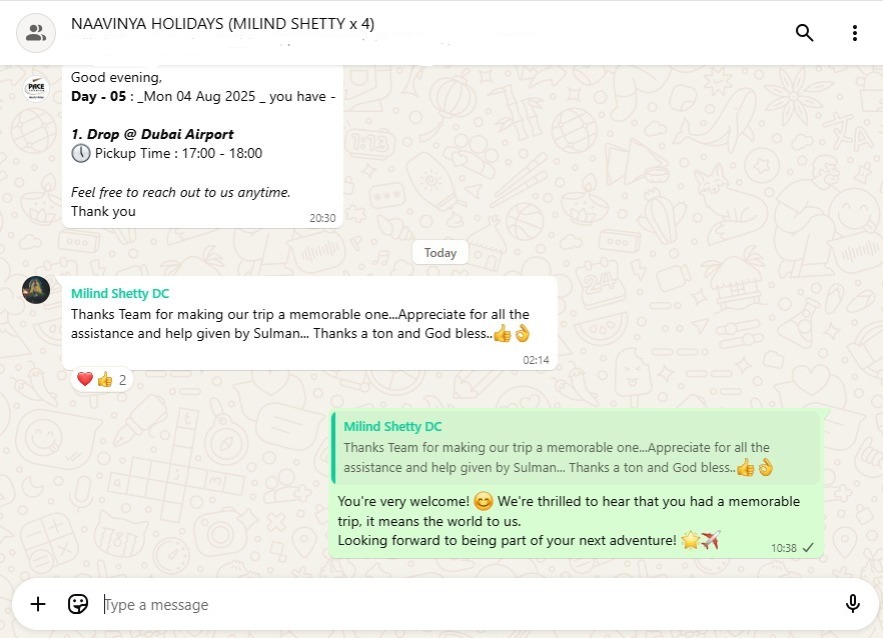 WhatsApp proof for Dubai Family Tour