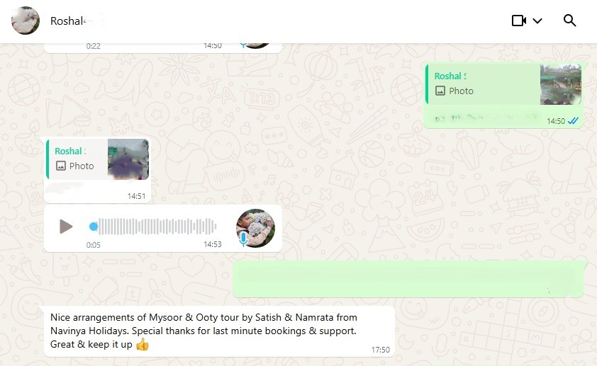 WhatsApp proof for Mysore & Ooty Tour