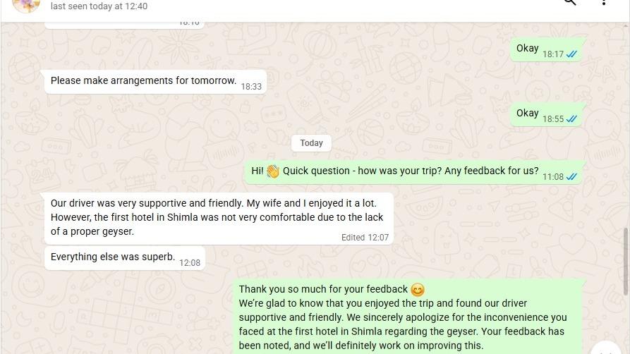 WhatsApp proof for Shimla Snow Trip